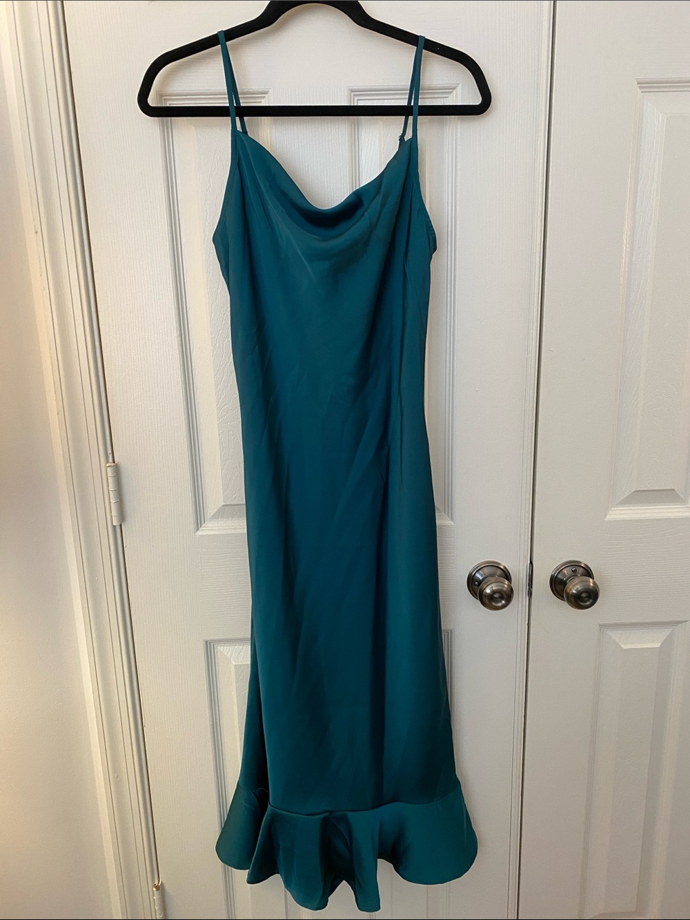 Band of the Free Cowl Neck Teal Midi Slip Dress with Flounce Hem